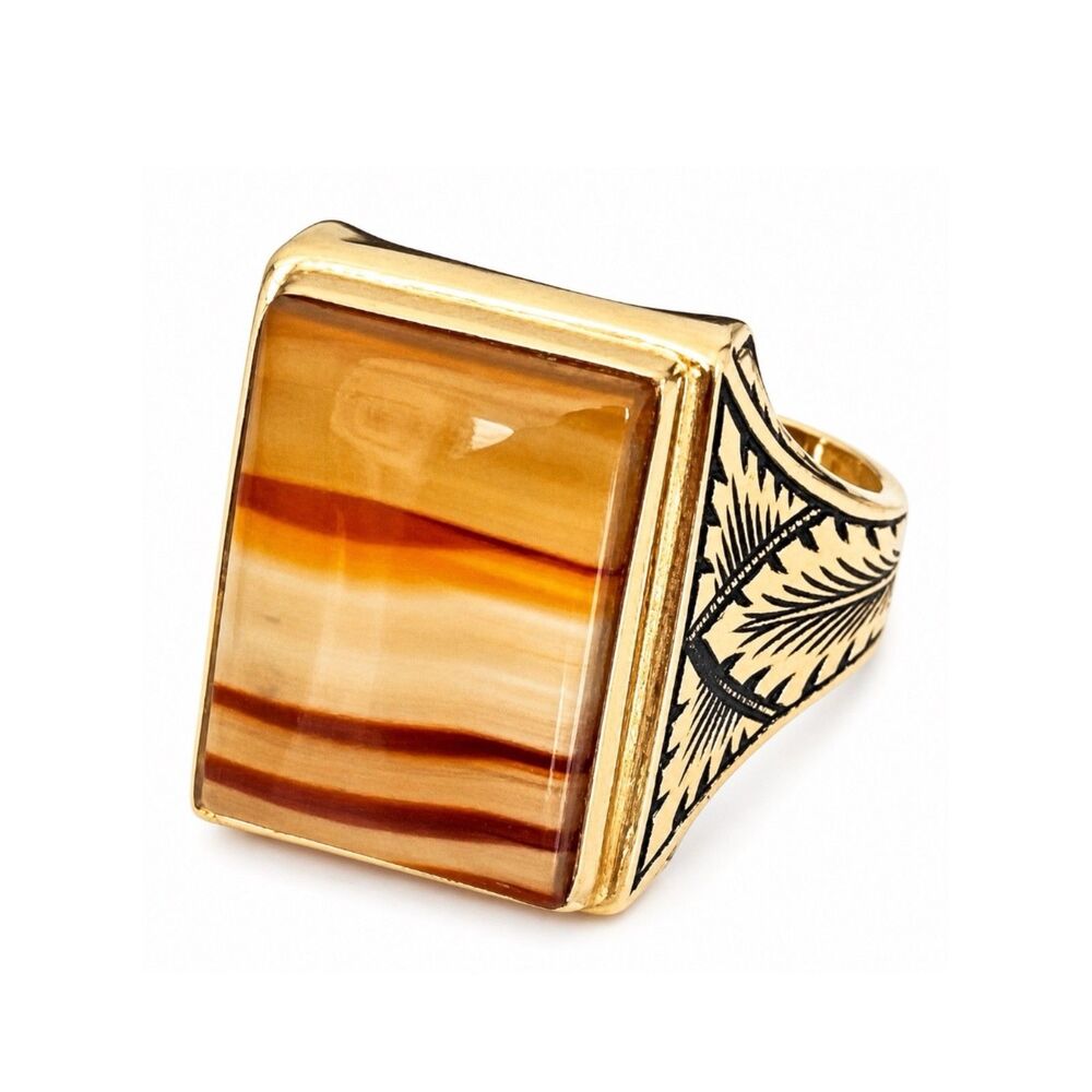 Vintage 1970s Ring Size 11 Clark Coombs Agate Rectangular Gold Plated - 14N